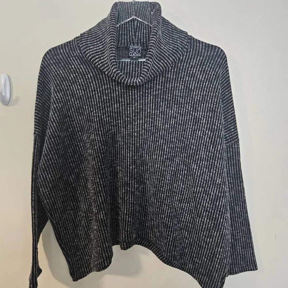 Clara Sun Woo M Twill Knit Cowl Neck Tipped Hem Turtleneck Sweater Top Grey Stri